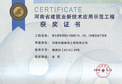 “恒大绿洲项目A10地块17#、18#、19#楼及地下车库开云手机平台-开云(中国)”荣获“河南省建筑业新技术应用示范开云手机平台-开云(中国)”金奖